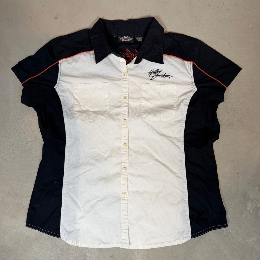 Harley Davidson Womens XL Short Sleeve Button Up Shirt Colorblock Embroidered